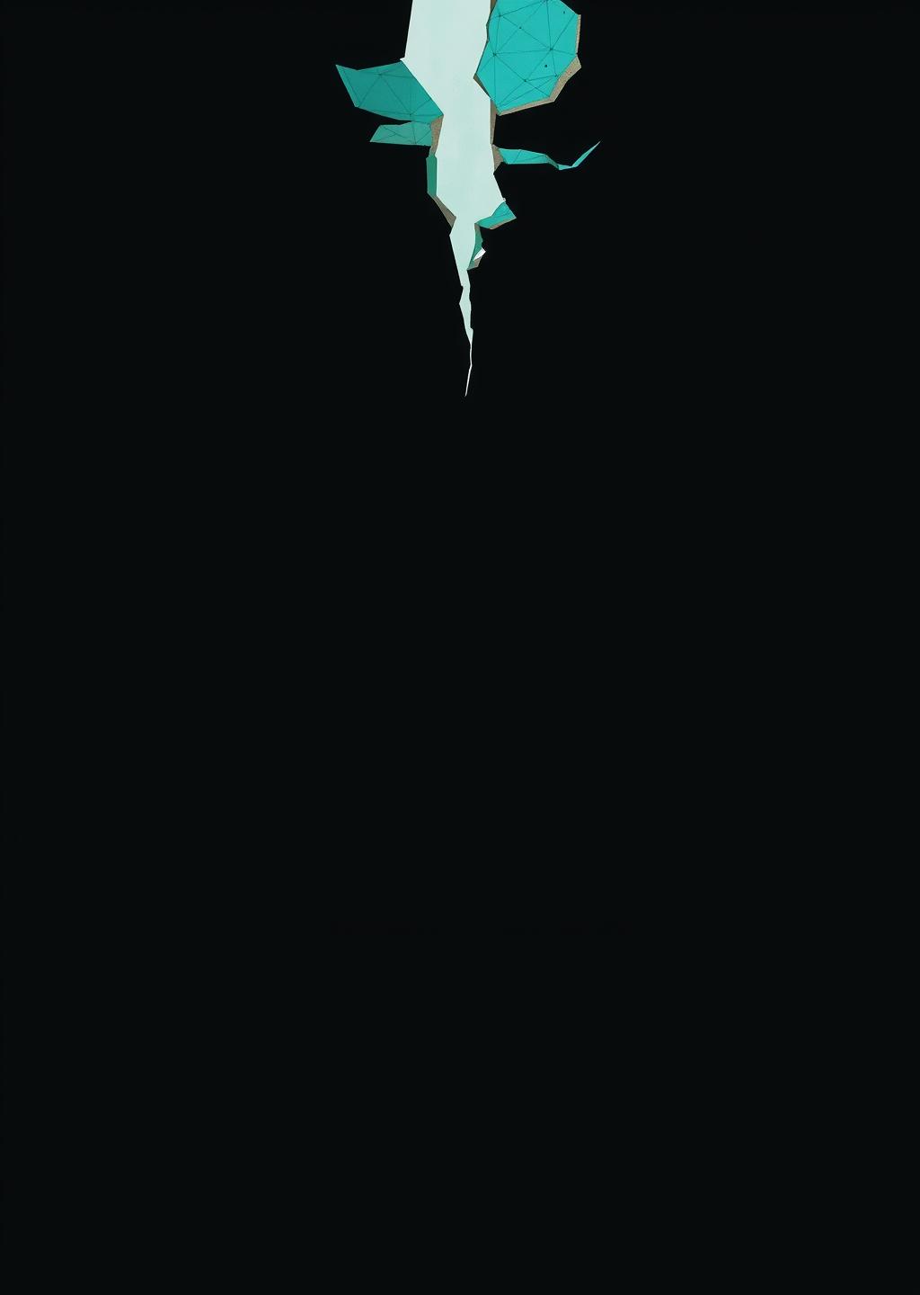 Abstract composition — a dark void with a faint geometric floor visible beneath a shattered ceiling, cracks of teal light breaking through from below