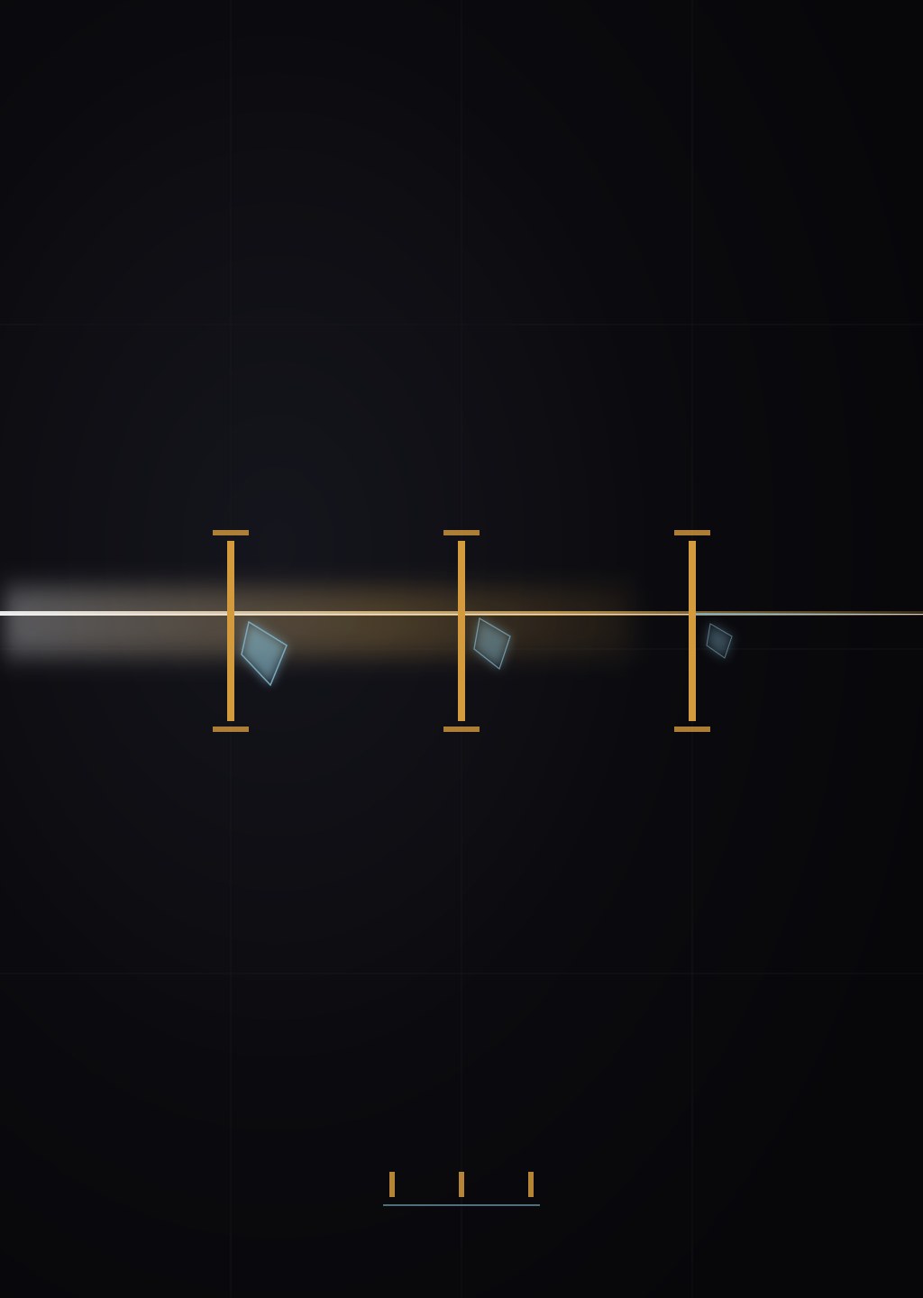 Abstract geometric composition — a beam of light passing through three successive gates, each splitting off a small reflected fragment, dark void with gold and steel-cyan accents
